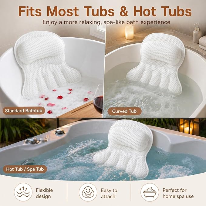4D Air Mesh Bath Pillow for Tub, Soft Bathtub Cushion with 6 Non-Slip Suction Cups for Head, Neck & Back Support, Machine Washable Spa Pillow, White