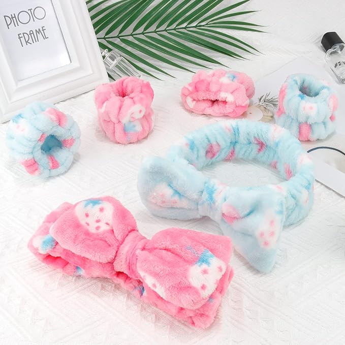 WHAVEL 6PCS Spa Headband and Wristbands Set, Face Wash Headband Wrist Bands for Washing Face Makeup Skincare Hair Band Skin Care Accessories Tools