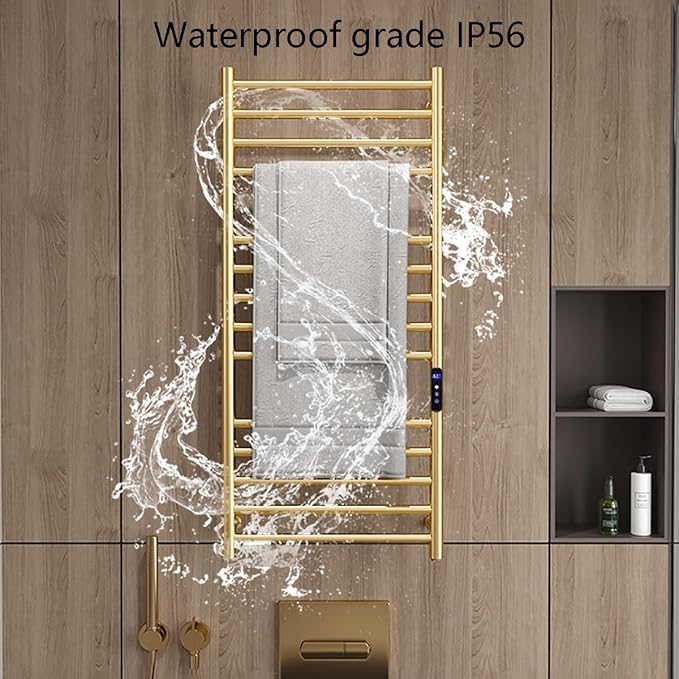 Gold Wall Mounted Heated Towel Rack,Gold Towel Warmers Rack for Bathroom, Timer & Temperature Control Electric Towel Drying Rack (14 Bars Brushed Gold A, Hardwired)