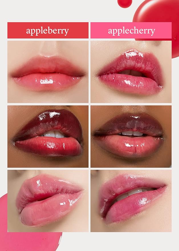 NOONI Korean Lip Oil Set - Appleberry & Applecherry | Long-Lasting, Moisturizing, Plumping, Revitalizing for Dry Lips, Waterproof, No Peel Off, Stocking Stuffers, lip plumper 0.12 FL Oz x 2ea
