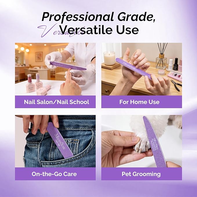 MelodySusie Nail File Kit, 7Pcs Double Sided 100/180 Grit Mixed-Shape Emery Boards for Nails, Professional Manicure Pedicure Supplies for Home and Salon Use, Mothers Day Gifts, Purple