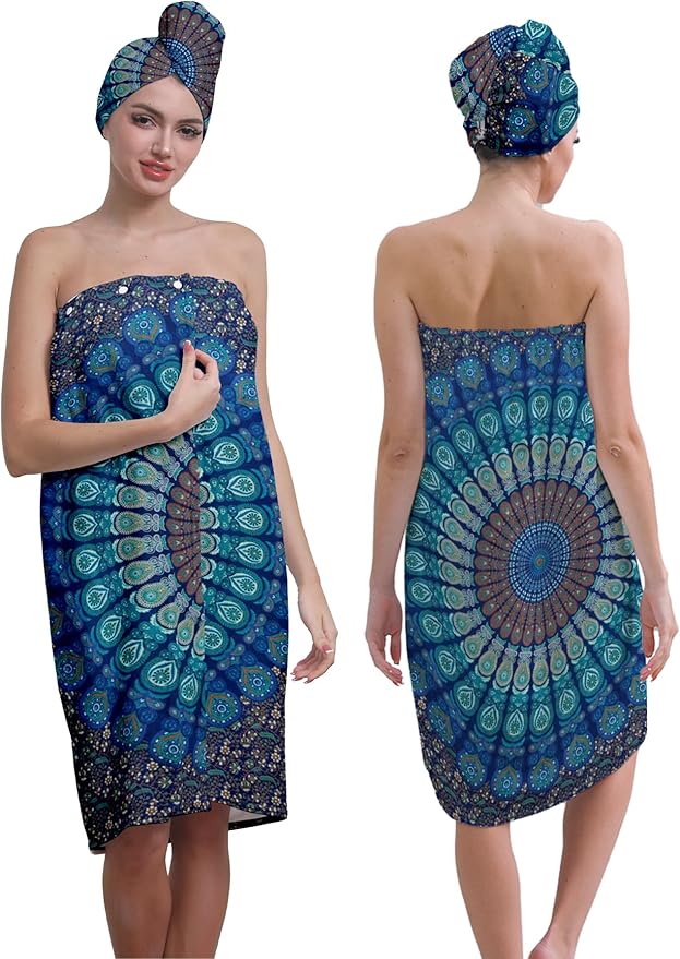 Women's Spa Bath Towel Wrap Set with Hair Turban, Blue Peacock Mandala Pattern, 31.5x59 Inches