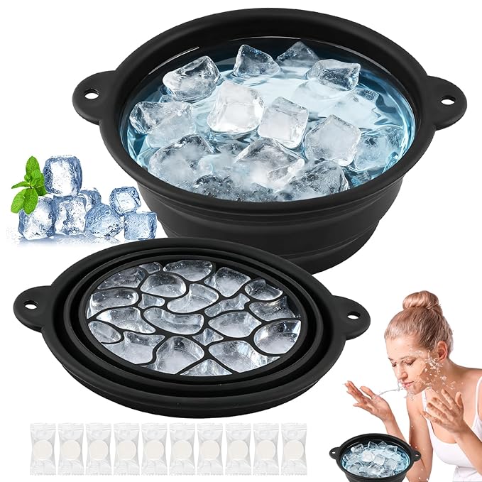 Face Bowl for Ice with Built-In Ice Tray, Collapsible Silicone Facial Ices Bath Bowl for Cold Plunge Therapys, Skin Tightening & Acne Relief, Portable Spa Tool for Home Travel (COLOR:black)
