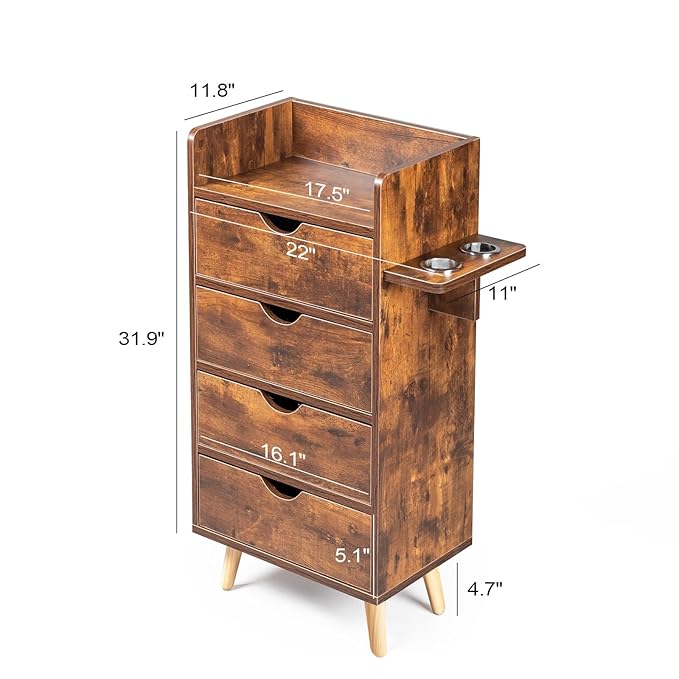 OmySalon 4 -Layer Salon Station Storage Cabinet, Beauty Barber Styling Stations, Hair Stylist Station Equipment with 2 Hair Dryer Holders, 4 Drawers and Raised Table Legs, Rustic Brown