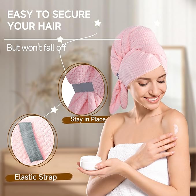 Microfiber Hair Towel Wrap for Women, Quick-Dry Turban, Ultra Absorbent & Anti-Frizz, Ideal for Long, Thick & Curly Hair, Soft Lightweight Drying Towel (24x42, Pink)