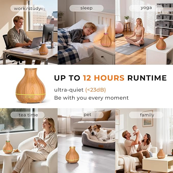 BZseed Aromatherapy Essential Oil Diffuser 550ml 12 Hours Wood Grain Aroma Diffuser with Timer Cool Mist Humidifier for Large Room, Home, Baby Bedroom, Waterless Auto Shut-off,7 Colors Lights Changing