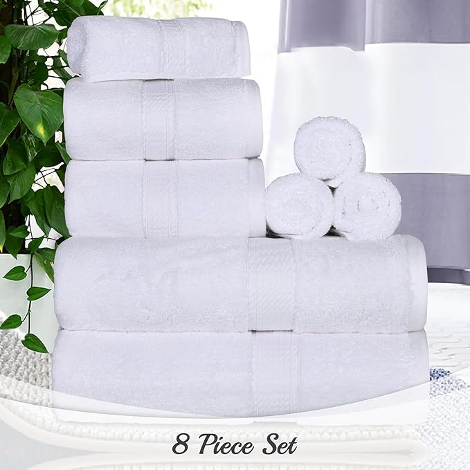 SUPERIOR Egyptian Cotton Pile 8 Piece Towel Set, Includes 2 Bath, 2 Hand, 4 Face Towels/Washcloths, Ultra Soft Luxury Towels, Thick Plush Essentials, Guest Bath, Spa, Hotel Bathroom, White