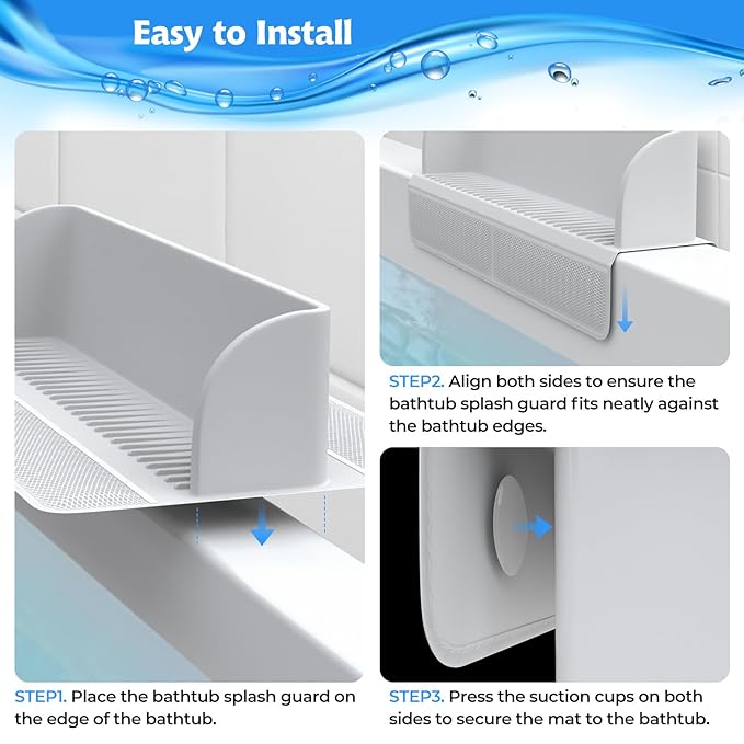 Splash Guard for Bathtub Kids,Toy Tray Caddy Holder Storage,Bath Toy Storage Bag,Guard for Bathtub with Mesh Bathtub Toys Storage,Super Adsorption - Extended Design for Splash Protection,Silicone,Gray