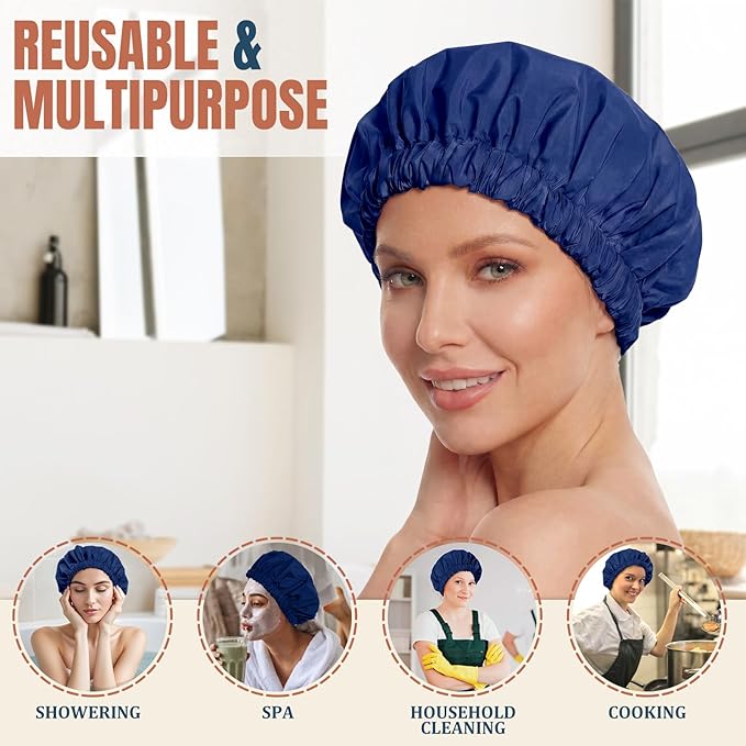 Reusable Shower Cap for Women, Large Waterproof Shower Bonnet with Elastic Band, Washable Bath Hair Cap for Long, Curly Hair, Braids, Daily Shower, Home Spa, Travel(Navy)