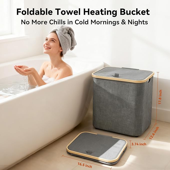 2-in-1 35L Towel Warmer & 46L Laundry Basket, Foldable Towel Warmers for Bathroom, Extra Large Blanket Warmers, Auto Shut Off, Fits 3 Oversized 40"X70" Towels, Ideal