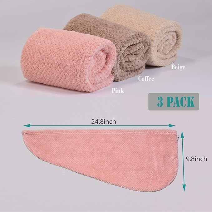 ELLEWIN Hair Towel Wrap 3 Pack, Microfiber Hair Drying Shower Turban with Buttons, Super Absorbent Quick Dry Hair Towels for Curly Long Thick Hair, Rapid Dry Head Towel Wrap for Women Anti Frizz