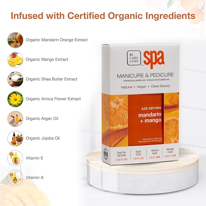 BCL Spa Mandarin + Mango Professional Pedicure Kit Foot Spa Set – Exfoliate, Hydrate & Refresh Skin | Dead Sea Salt Soak, Sugar Scrub, Moisture Mask & Massage Cream | Professional & Home Uses