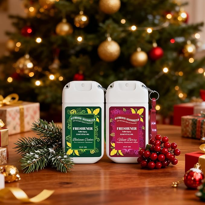 Travel Size Toilet Spray, 2 Pack Air Freshener Spray for Bathroom Deodorizer, Travel Essentials Variety with Removable Hook - Cedar and Berry Scent