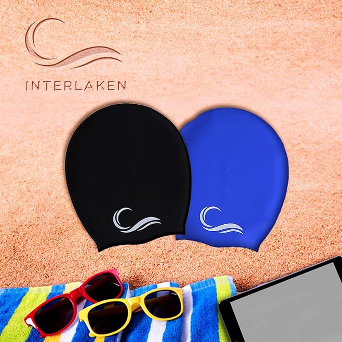 Interlaken Silicone Swim Cap (Check Size Before Buying) - Waterproof Black, Red & Blue Swim Cap