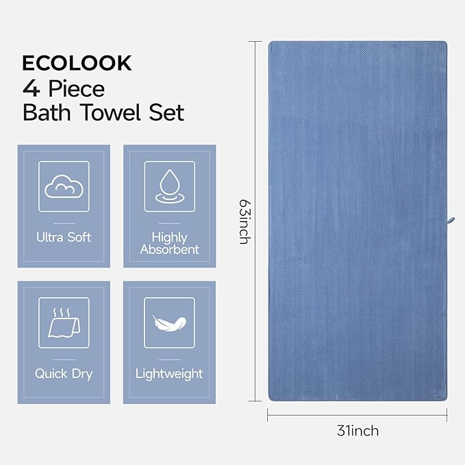 ecolook 4 Pack Microfiber Bath Towels, 31 x 63 inches Extra Large Bath Towel Set, Super Soft Highly Absorbent Bath Towels Set of 4, Quick Dry Lightweight Bathroom Towels for Spa, Pool, Gym, Navy