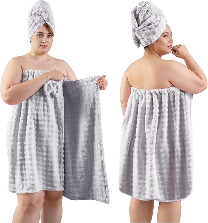 REDKISS Grey Plus Size Towel Wrap for Women, XL Adjustable Shower Wrap with Hair Towel, Super Absorbent Bath Towels Wrap for Body, Microfiber Plush Towel Wrap, Warmth Velcro Plus Size Wraps Towels