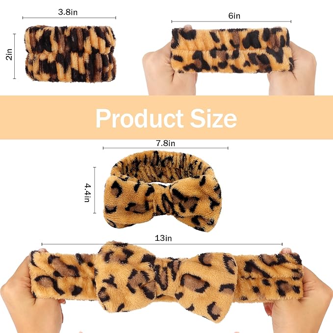 CIEHER 12 PCS Makeup Headband for Women Wrist Washband Scrunchies Cuffs for Washing Face, Soft Leopard Print Spa Headband Matching Wristbands