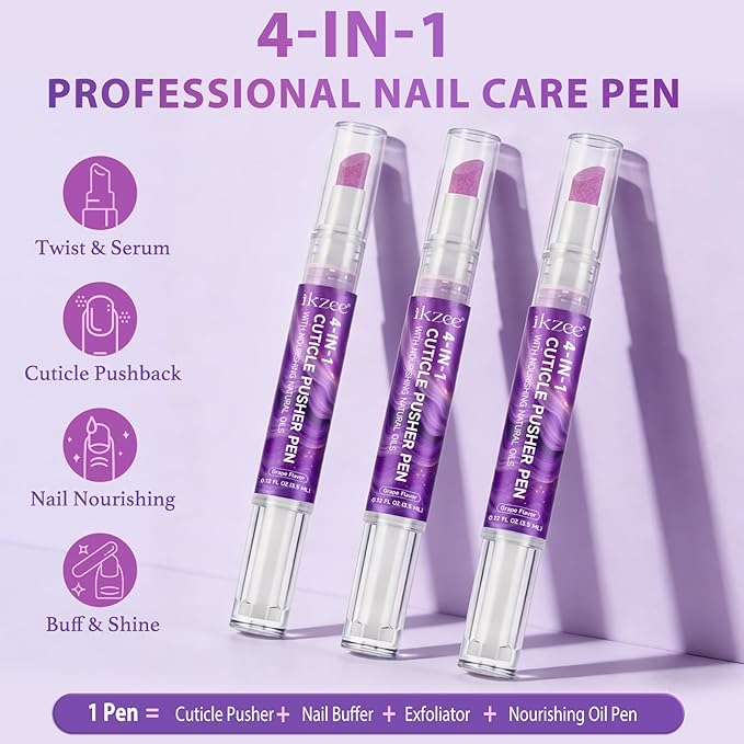 4-in-1 Cuticle Pusher & Oil Pen with Natural Oils, Cuticle Remover, Gentle Exfoliating Treatment, Moisturize, Strengthen & Brighten Nails, Complete Cuticle Care Tool (1)