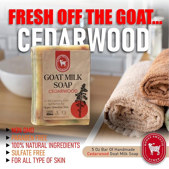 Honey Sweetie Acres Cedarwood Goat Milk Soap - Handmade 5 oz Bar, Made with Natural Ingredients, Moisturizing & Gentle, Made in the USA
