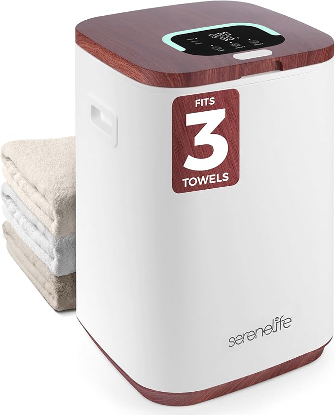 SereneLife Towel Warmer Bucket - Compact 23L Bathroom Towel Heater w/Essential Oils Disc Holder, Adjustable Timer, Auto Shut-Off, Power Cord Storage, LED Display, Fits 2 Oversized Towels (Wood Color)