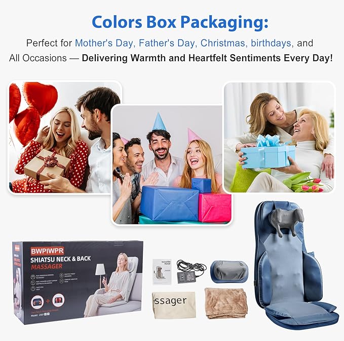 Shiatsu Massage Cushion for Neck and Back with Heat - 4D Kneading, Vibration for Relief Muscle Tension, Dual-Neck Design, Adjustable Intensity and Height for Office Chair, Home Use, Navy Blue