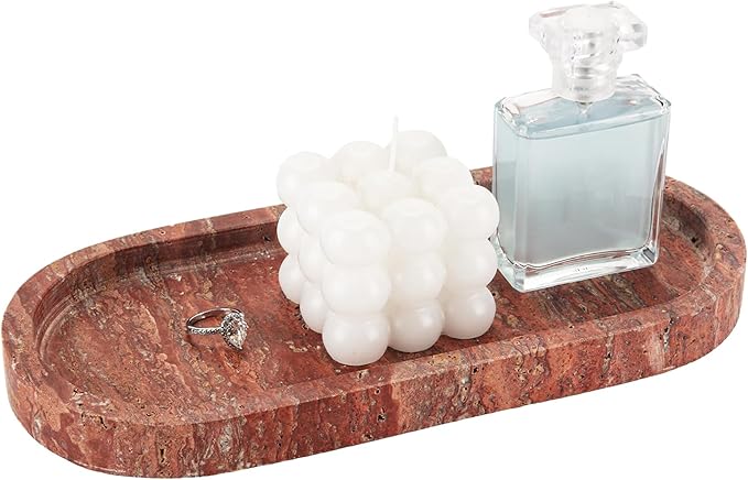 WORHE Italy Natural Travertine Stone Tray for Jewelry, Candles, Perfume, Trinket, Marble Oval Vanity Trays for Bathroom, Dresser, Kitchen, Countertop Storage Organizer for Home Decor Red (WH029)