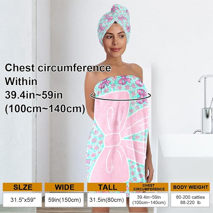 Bow Towel Wrap for Women Girls – Microfiber Shower Spa Wrap with Hair Towel Turban – Quick Dry Bath Skirt Set for Travel, Dorm, Pool, Beach, Gifts for Teen Girls (Bow 1)