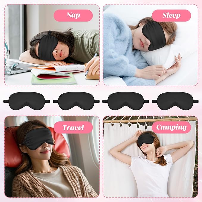 Silk Sleep Eye Mask 4 Pack Mulberry Silk Sleep Mask Eye Cover Blindfold with Elastic Strap Cute Satin Soft Eyeshade Masks for Women Night Sleeping Travel Nap (Black)