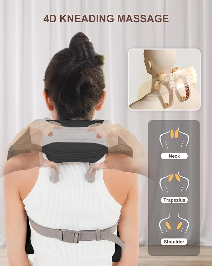 Heycool 4D Shiatsu Neck Massager with Heat, Cordless Back and Neck Massager, 3 Speeds & 3 Heating Level, Lightweight Portable Shoulder Massager for Tech Neck & Commuters, Gifts for Men Women