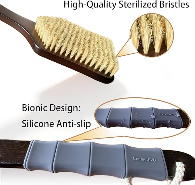 Back Scrubber Shower Brush,Dry Brushing Body Brush with 17.7 Inch Curved Long Handle, Natural Bristles for Lymphatic Drainage, Soft & Stiff Bristles Available (Gray Handle, Stiff)