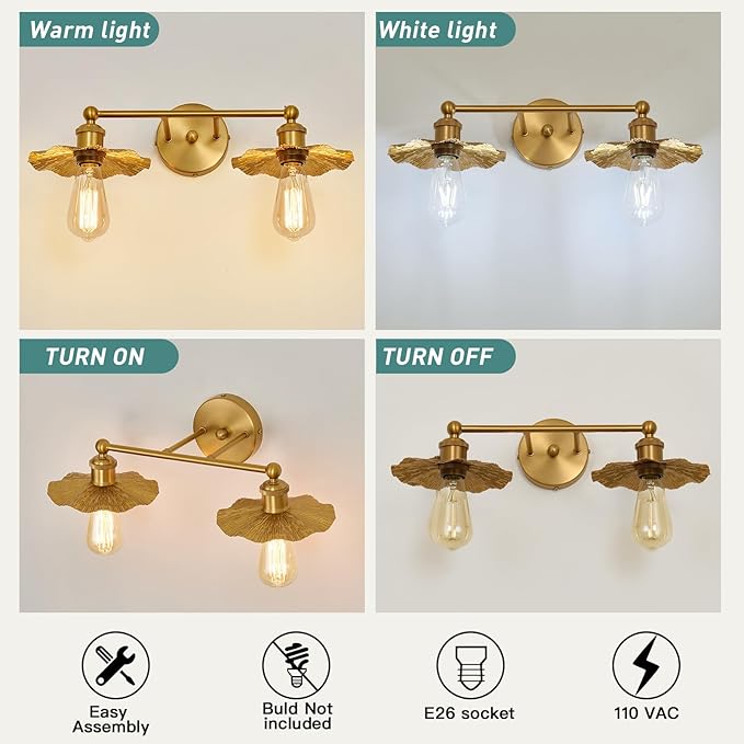 ZGLAOJT 2 Light Vintage Vanity Light Gold Bathroom Light Fixtures Over Mirror.