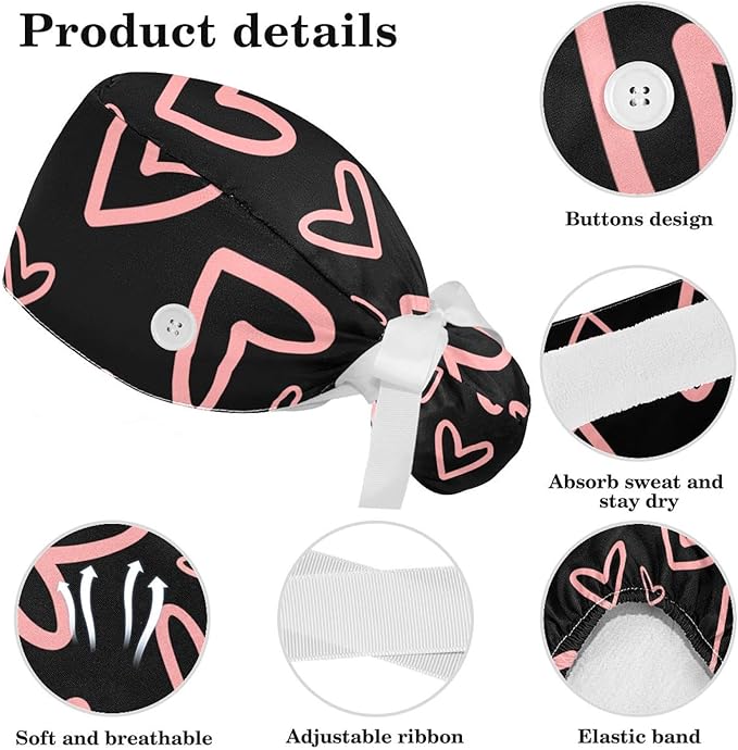 Ethnic Aztec Pattern Adjustable Scrub Cap Hat with Button, Working Hat Sweatband with Bow Hair Scrunchy for Woman