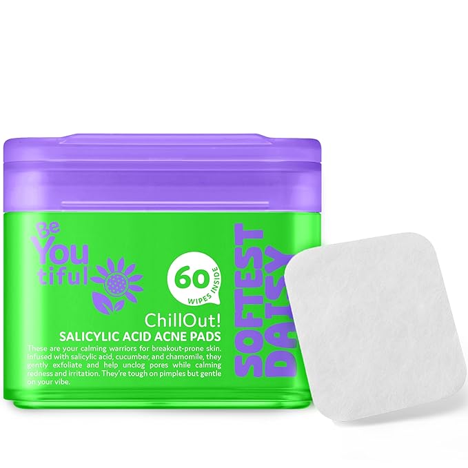 BeYoutiful ChillOut Gentle Acne Cleansing Face Wipes with Salicylic Acid for Teens and Kids, 60 Toner Facial Pads, Vegan Skincare, Safe Formula with Tea Tree Oil & Chamomile