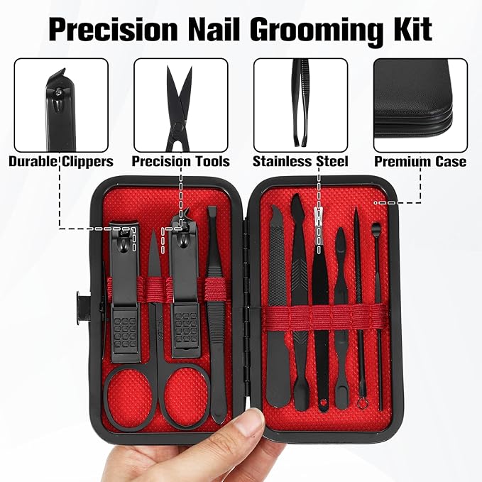 Manicure Nail Clippers Sets Stainless Steel Nail Grooming Cutter Kit Travel Pedicure Care Tools Accessories File Tip Tweezers Cuticle Pusher for Men Women Dad Boyfriend Teen Boys