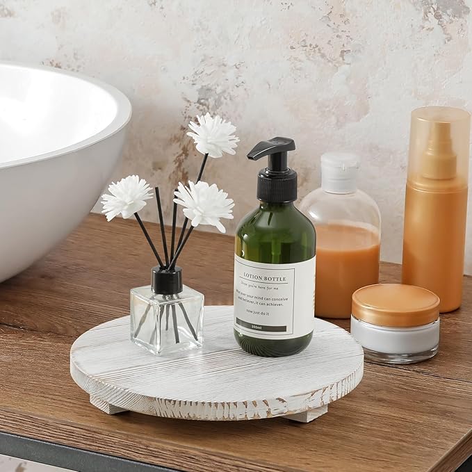 Small Round Decorative Tray White Washed Wood Bathroom Counter Organizer Pedestal Stand Farmhouse Kitchen Decor Wooden Riser for Soap Dish, Perfume, Candle, Sponge, 9"