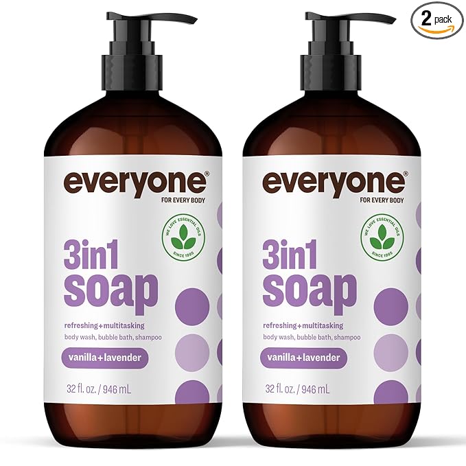 Everyone 3-in-1 Soap, Body Wash, Bubble Bath, Shampoo, 32 Ounce (Pack of 2), Vanilla and Lavender, made with Essential Oils for Men and Women