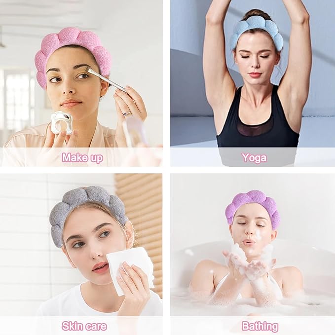 Beleki Spa Headband for Washing Face, Pink Sponge Face Wash Headband and Wristband Set for Makeup Skincare Headbands Puffy Non Slip Headwear Hair Accessories for Women Girls