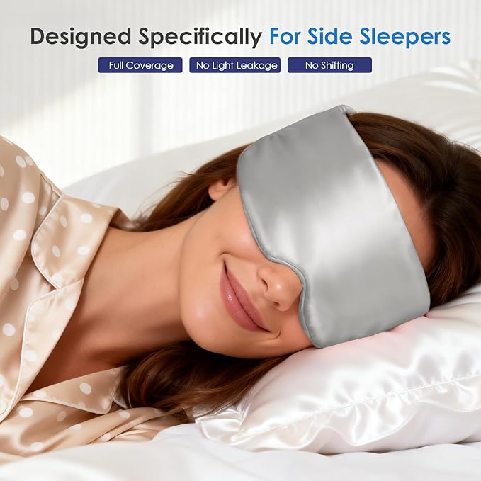 Weighted Eye Mask for Sleeping, Silk Sleep Mask for Side Sleeper with Adjustable Buckle, 100% Blockout Design, Ideal for Meditation, Relaxation and Travel, with Storage Pouch (Gray)