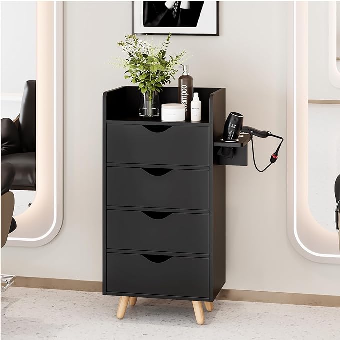 OmySalon 4 -Layer Salon Storage Cabinet,Beauty Barber Salon Styling Station Organizer Equipment,Hair Stylist Station Set with 2 Hair Dryer Holders，4 Drawers and Raised Table Legs, Black