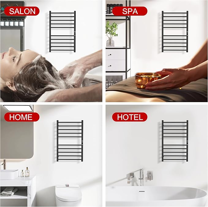 Heated Towel Racks for Bathroom, Wall Mounted Electric Towel Warmer Racks with Timer & Temperature Control, 10 Bar Stainless Steel Towel Heater for Bathroom, Black, Plug-in