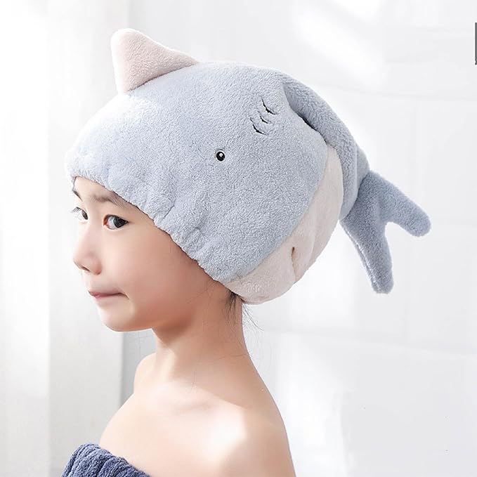Hair Drying Towel for Kids Girls, Cute Cartoon Absorbent Quick Drying Bath Wrap Set for Bathing, Spa, Swimming Pool, Soft Microfiber Cap for Curly Long & Wet Hair, Blue