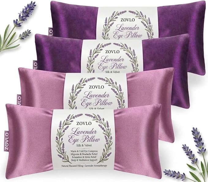 Lavender Eye Pillow for Relaxation, Yoga, Sleeping, Weighted Eye Mask Heated for Headache, Sinus, Dry Eye Relief, Moist Heat Eyes Compress, Meditation Accessories with Aromatherapy, Pack of 4