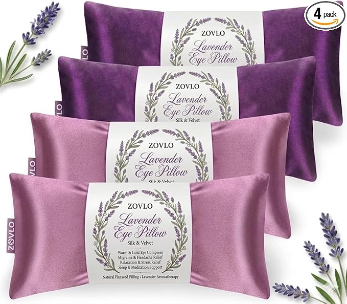Lavender Eye Pillow for Relaxation, Yoga, Sleeping, Weighted Eye Mask Heated for Headache, Sinus, Dry Eye Relief, Moist Heat Eyes Compress, Meditation Accessories with Aromatherapy, Pack of 4