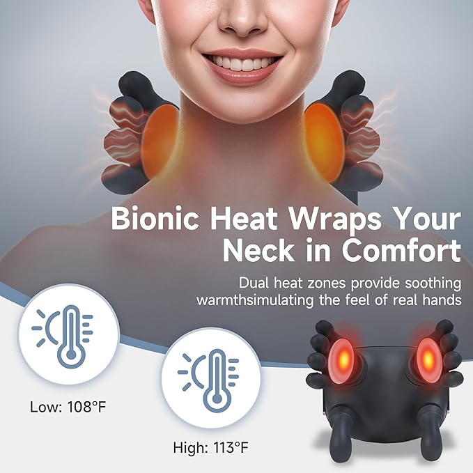 Neck Massager for Pain Relief with Deep Tissue Massage and Heat, Bionic Hand Neck and Shoulder Massager for Back Relaxation Home Office Travel