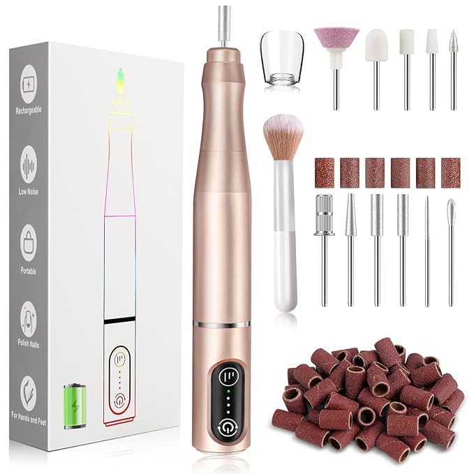 TUOBEO Cordless Nail Drill Electric Rechargeable File Kit, Professional Efile Acrylic Gel Nail Polish Remover Pedicure Manicure Machine Portable Set with 11 Bits 56 Sanding Bands for Salon Home Gold