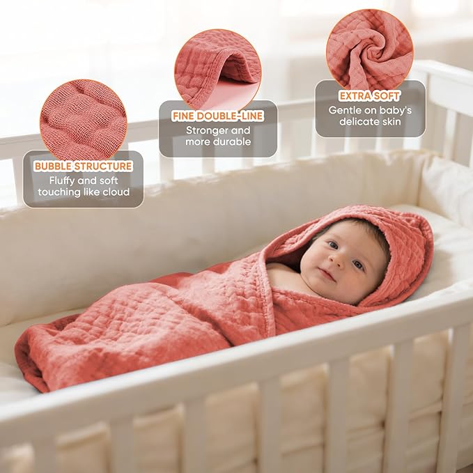 MIGIOL Muslin Hooded Baby Towels 100% Cotton ，Super Soft Muslin Baby Bath Towel - 32 x 32 Inches, Suitable for Newborn and Young Children up to 3 Years Old. (Light Pink & Dark Pink)