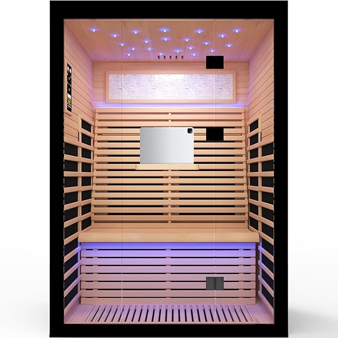 OUTEXER 2 Person Infrared Sauna Room Far Infrared Saunas Home Canadian Hemlock Indoor 2100W Low-EMF Dry Saunas with Oxygen Bar 7 Color Therapy 53.1 * 47.2 * 74.8inch