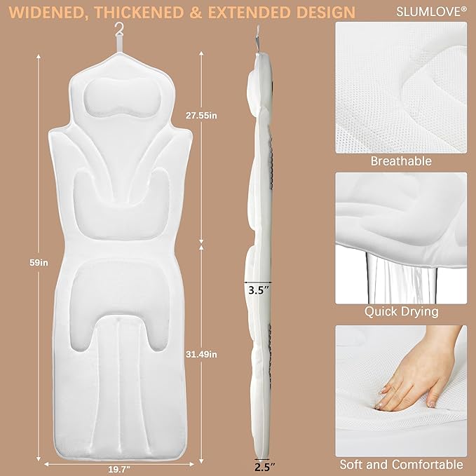 Ergonomic Full Body Bath Pillow for Bathtub, 5D Luxury Spa Cushion with 114 Non-Slip Suction Cups, Extra Long Thick Bath Pillow for Full Body Support, for Adult with Laundry Bag & Hook