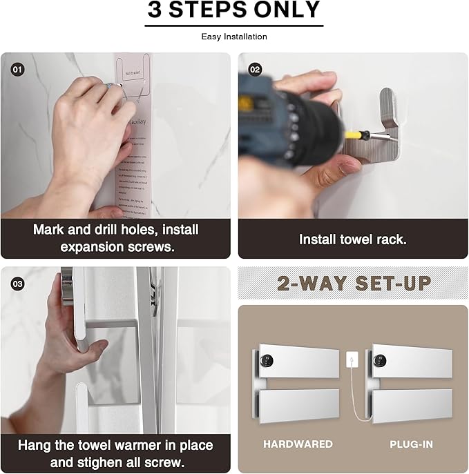 K&KALONZO Electric Towel Warmer, 18.35" W x 14.6" H Wall-Mounted Towel Heater with Built-in Timer, Waterproof Aluminum Towel Warmer for Bathroom, Support Plug-in and Hardwired, Silver, K2-L-S