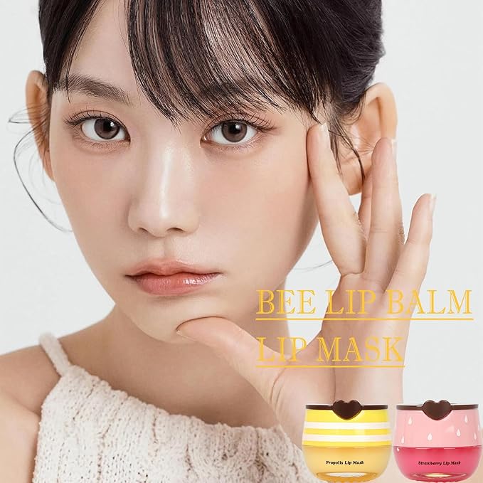2 PCS Bee Lip Balm Lip Mask Honey Pot, Honey & Strawberry Lip Mask Propolis Moisturizing Lip Balm, Hydrating Prevention Dry & Cracked, Mothers Day Gifts, Teacher Appreciation Gifts, Party Favors